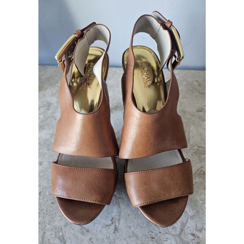 Michael Kors Womens Size 8 Luggage Tan Leather Open Toe Slingback Cone Heels - Picture 2 of 9